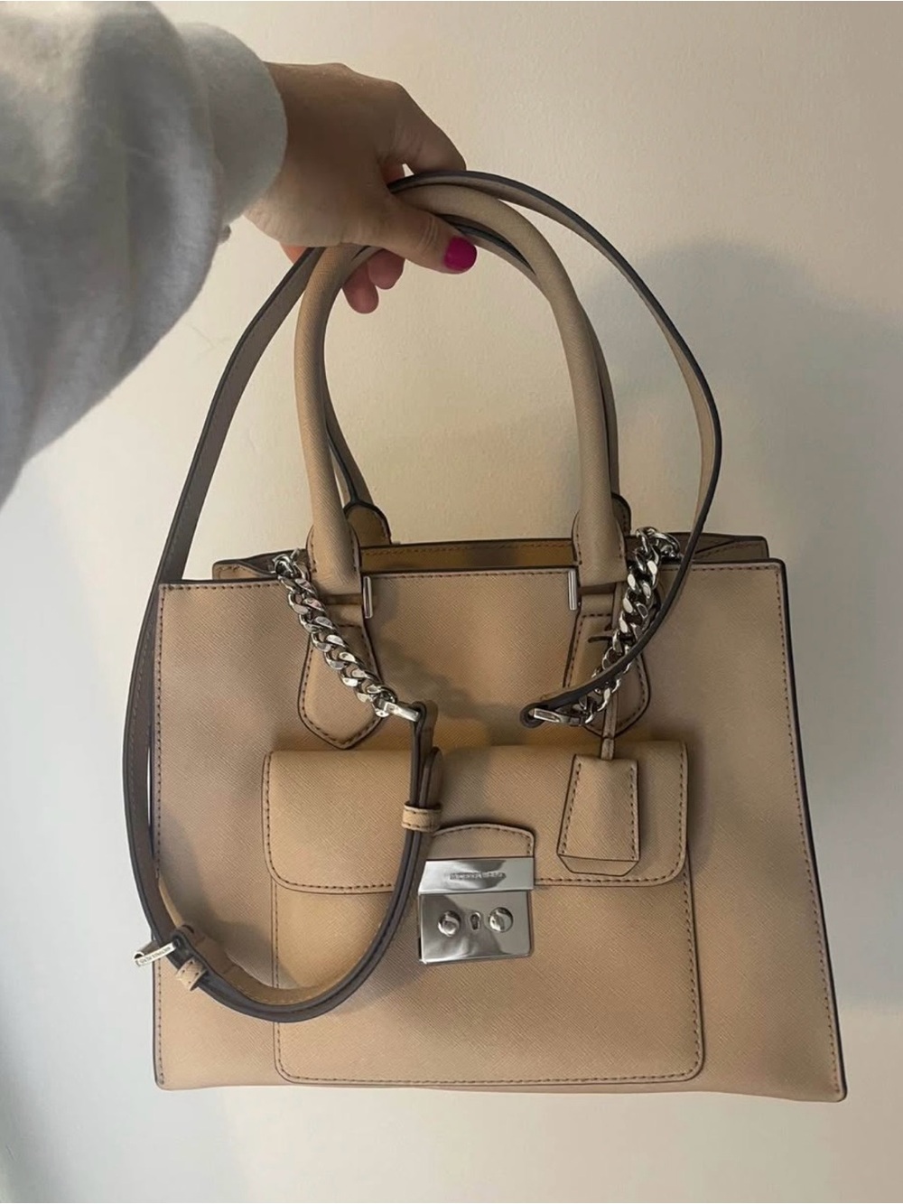 Michael Kors Beige Structured Tote Handbag with Chain Accent